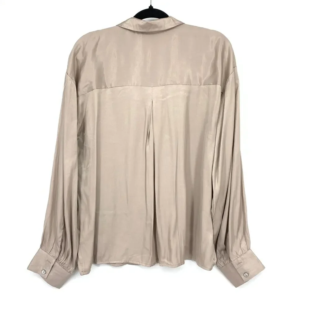 Gilli The Long Sleeve Satiny Blouse Womens Sz Large Button Front Warm Taupe NEW
